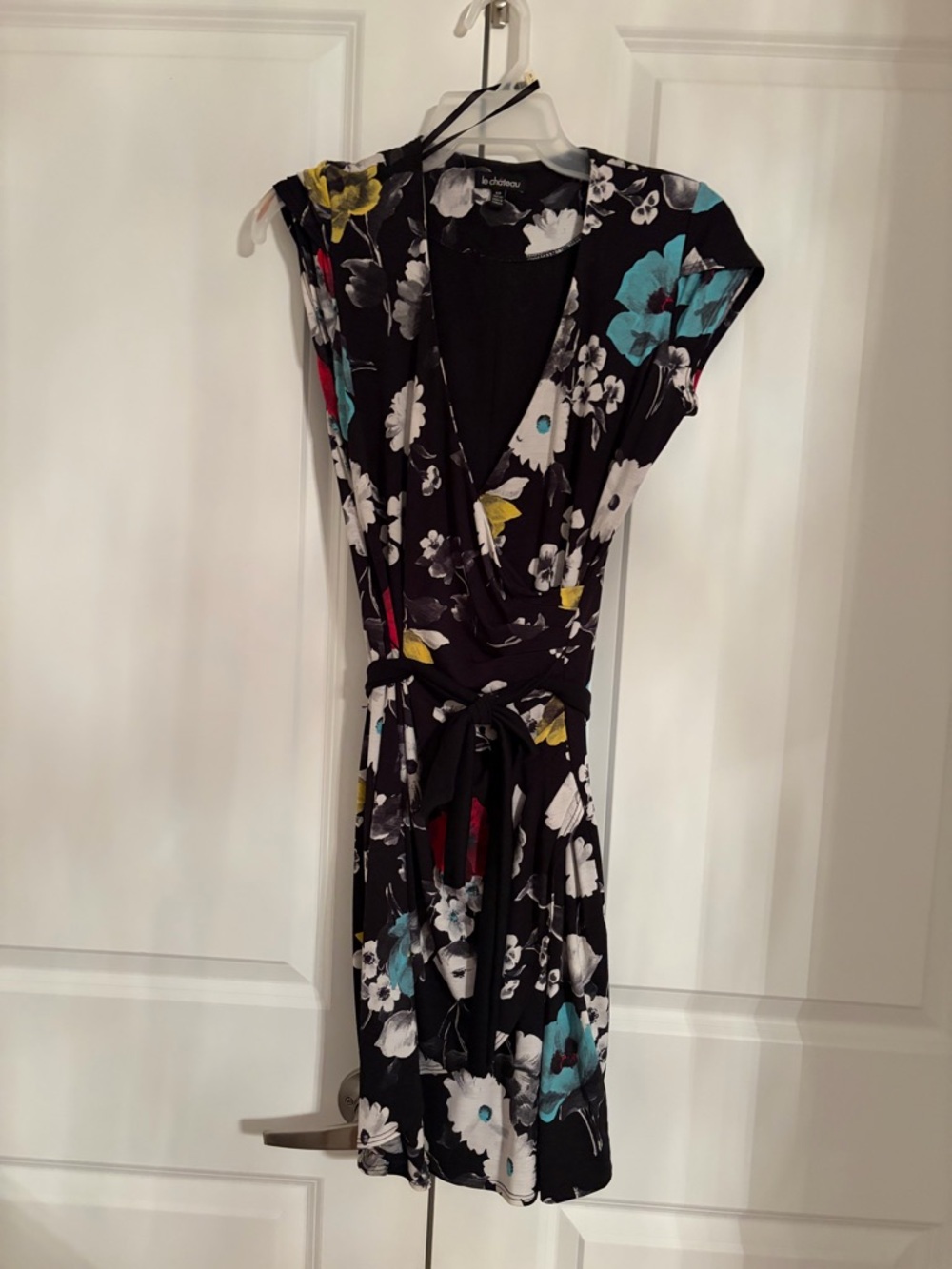 le chateau Black Floral Midi Dress with Teal, Yellow & Red Accents